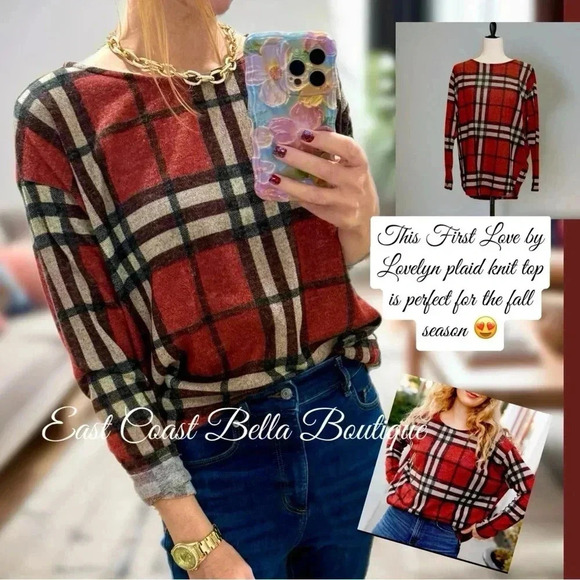 FIRST LOVE Autumn Rust Plaid Knit Long Sleeve Oversized Light Sweater Top - Picture 5 of 10